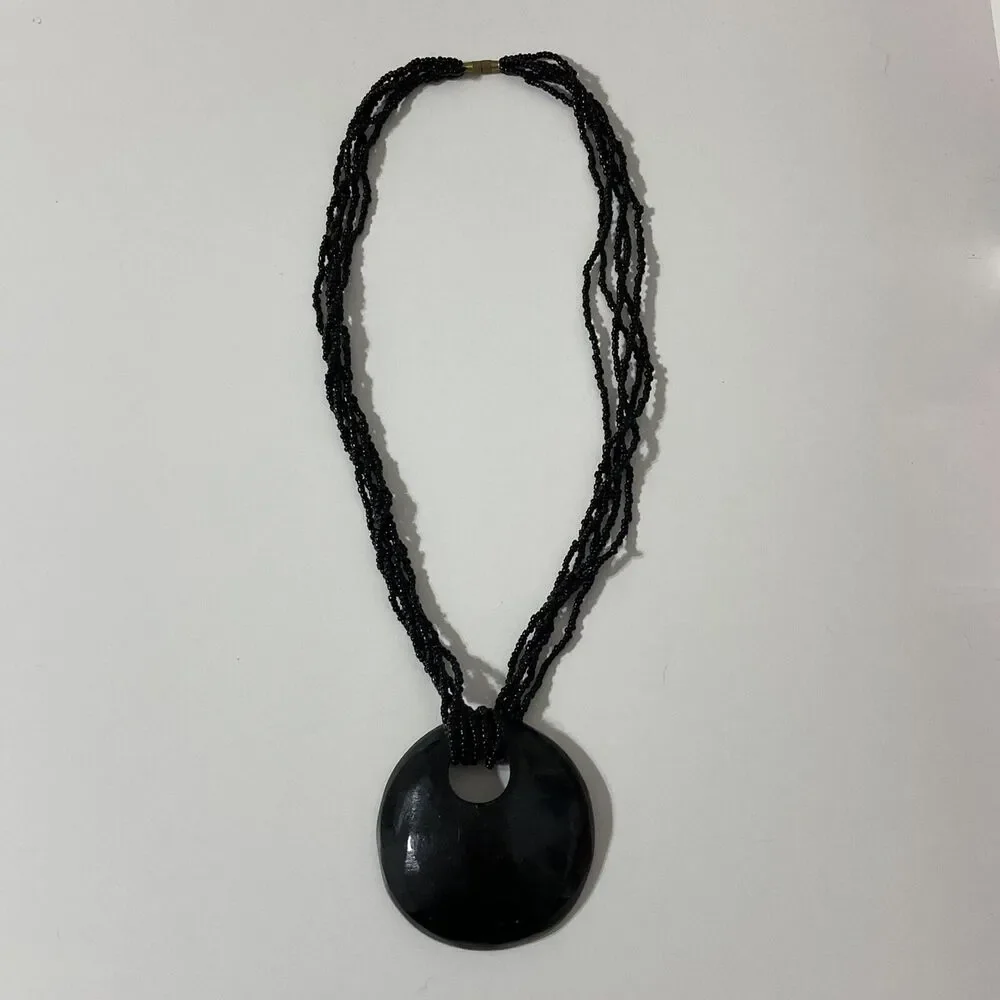 Black Wooden Round Disc Seed Bead Multi-Layer Pendant Necklace Boho Bohemian